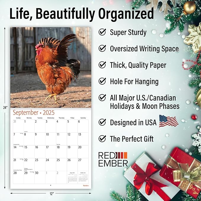 RED EMBER Roosters 2025 Wall Calendar 12 Month | 12" x 24" Open | Thick & Sturdy Paper | Giftable | Calendar 2025