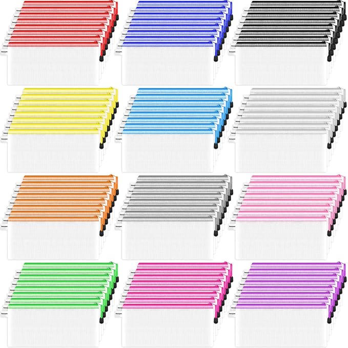 Smarpau 96 Pack Pencil Pouch, 12 Colors 9.3" x 4.7" Small Mesh Zipper Pouches, Clear Pencil Case Waterproof Zipper Bags for Office Supplies, Travel Organization