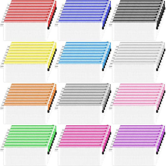 Smarpau 96 Pack Pencil Pouch, 12 Colors 9.3" x 4.7" Small Mesh Zipper Pouches, Clear Pencil Case Waterproof Zipper Bags for Office Supplies, Travel Organization