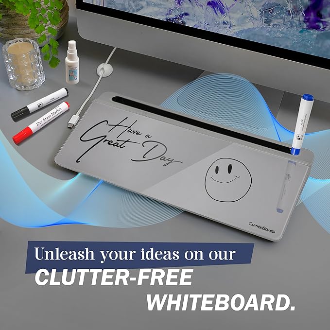 15-Inch Desktop Whiteboard - Glass Dry Erase Board for Desk Whiteboard with Stand with 3 Markers, Spray Bottle, 3 Cable Holders & Storage Box Work from Home Office Gadgets, Grey