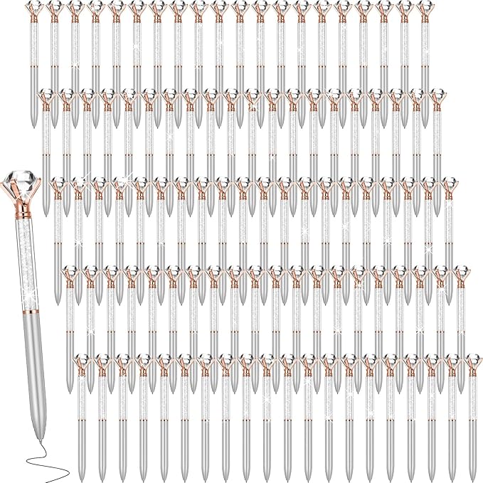 Sherr 100 Pack Big Crystal Diamond Pens Cute Ballpoint Pens Retractable Ballpoint Rhinestones Crystal Bling Gem Plated Black Gel Ink Office Supplies Gifts for Women(Silver,Wedding Style)