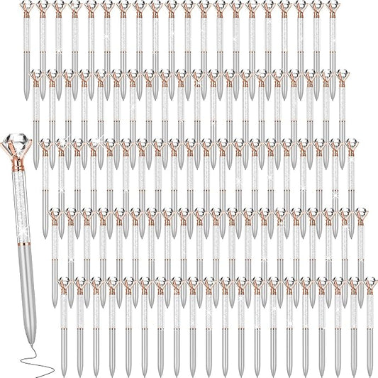 Sherr 100 Pack Big Crystal Diamond Pens Cute Ballpoint Pens Retractable Ballpoint Rhinestones Crystal Bling Gem Plated Black Gel Ink Office Supplies Gifts for Women(Silver,Wedding Style)