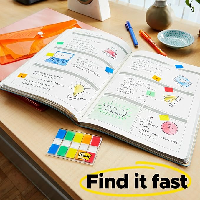 Post-it Flags in Portable Dispenser, 100 Flags/Pack, .47 in x 1.7 in, 20 Each of Red, Bright Orange, Yellow, Green, and Blue (683-5CF)