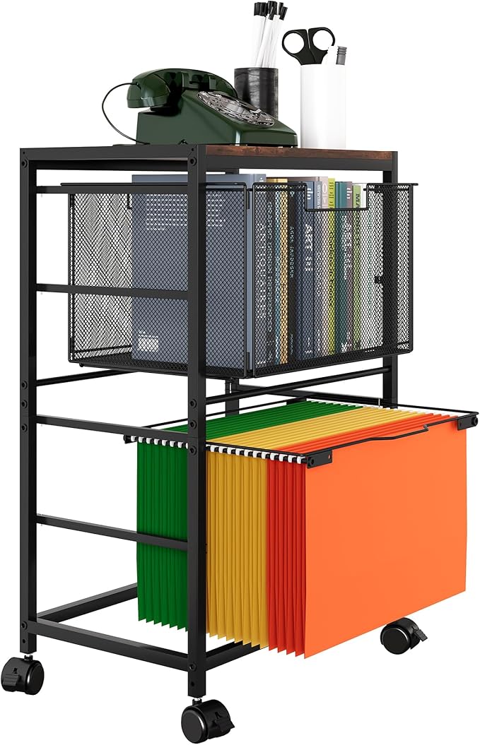 EasyPAG Rolling File Cart with Wheels Letter and Legal Size Hanging File Folder Rack Mobile File Folder Rack with Pull-Out Drawer for Home Office 1 Folder Rack and 1 Drawer, Black
