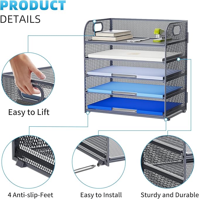 Marbrasse Paper Organizer Letter Tray, 5 Tier Mesh File Organizer with Handle, Paper Sorter Desk Organizer for Home Office Supplies - Grey