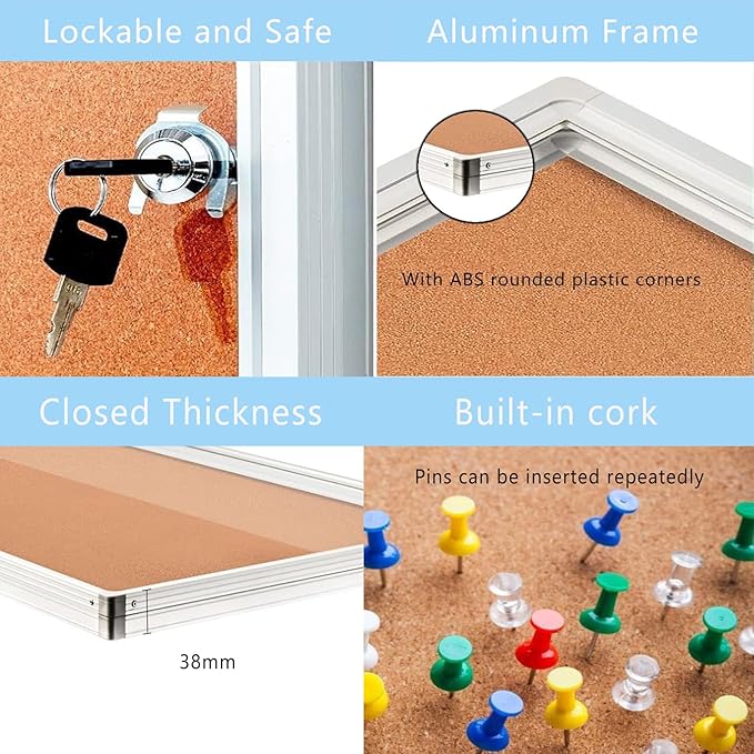 Lockable Ctosree Enclosed Bulletin Board - Waterproof Cork Notice Board with Aluminum Frame and Mounting Screws. Ideal for School Classes、 Offices, Wall Mounted （36x24, Natural Color）