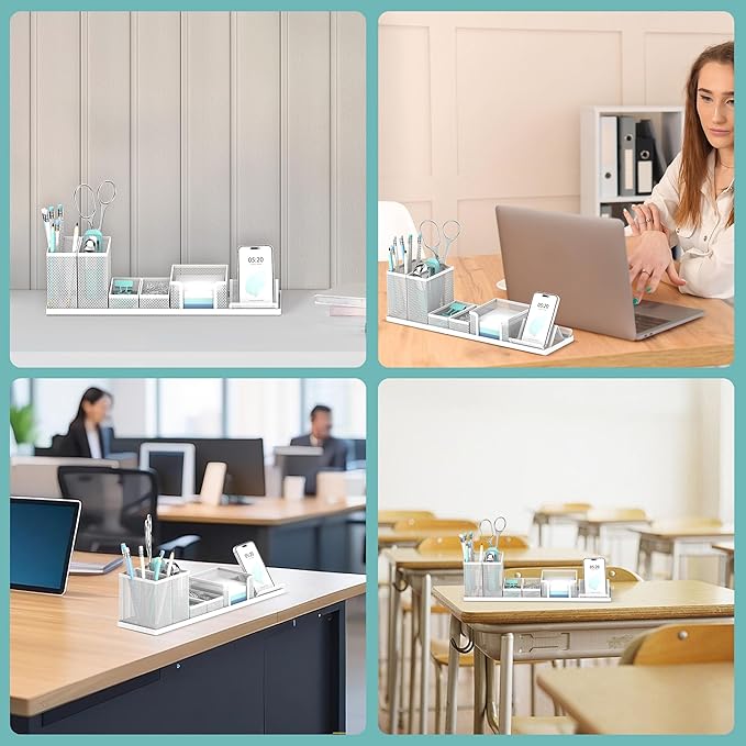 SUPEASY Pen Holder for Desk, 6 Piece Mesh Desk Organizer set, Desk Accessories for Office Organization with Mail Organizer, Letter Phone Holder, Sticky Notes Caddy Storage, White