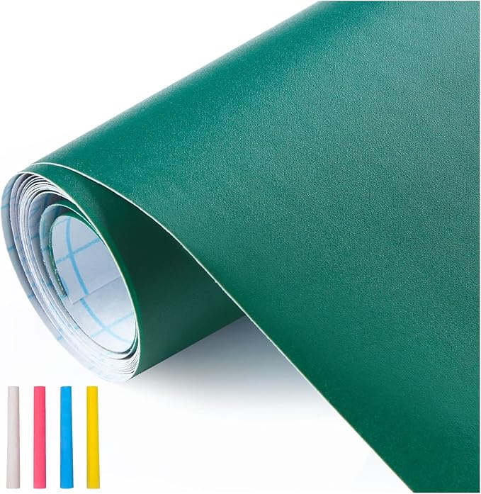 Chalkboard Wallpaper Stick and Peel: Green Contact Paper Classroom Chalkboard Stickers Chalk Board Paint Self Adhesive Wall Paper with 8 Colorful Chalks (35.4 X 78.7 Inches)