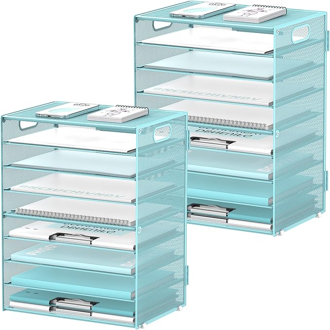 DALTACK 9-Tier Paper Letter Tray Desk Organizer with Handles, Mesh File Holder Organization, Paper Sorter Desk Organizer for Office Home School, Blue 2 Pack