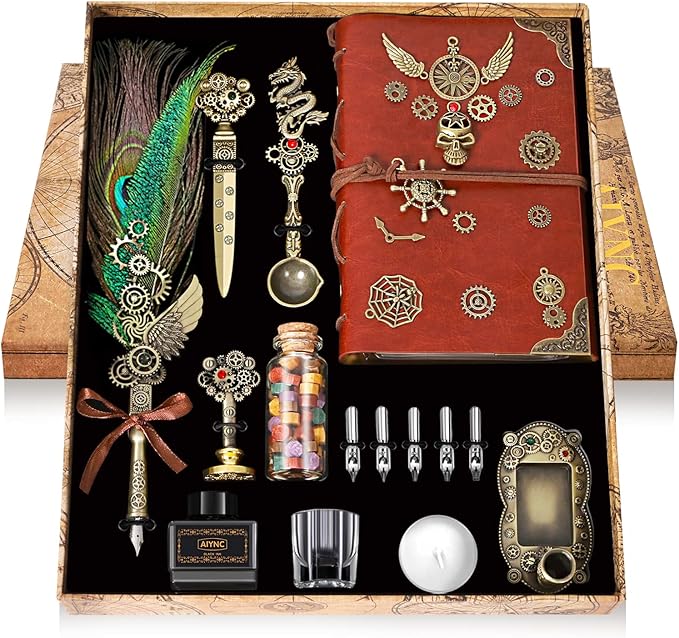 Quill Pen and Ink Set, With Notebook Wax Seal Stamp Kit, Calligraphy Set, Valentine's Day Gifts for Writing Lovers Birthday Gifts, Ideal Calligraphy Gifts for Holidays(Peacock Feather)