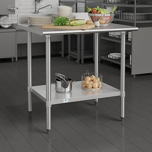 Flash Furniture Reese Commercial Stainless Steel Prep/Work Table for Back Kitchen, 430 Stainless Steel, 18 Gauge, Adjustable Shelf, 4" Backsplash, 30" x 36"