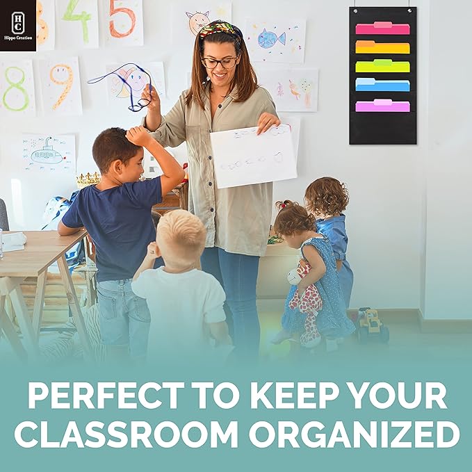 Hippo Creation Heavy Duty Storage Pocket Chart for Classroom, 5 Pocket Storage Organizer with 2 Over-Door Hangers, Hanging Wall Organizer for File Folders, School Mailbox, Home Office Papers - Black