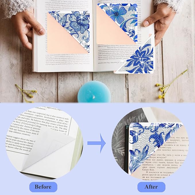 Diamond Art Painting Bookmarks,8Pcs DIY Cute Diamond Art Kits for Adults, Corner Bookmarks Small Crafts Kit for Women Book Lovers (Blue Floral)