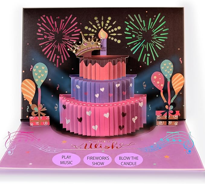 3D Pop-Up Happy Birthday Cards for Women – LED Fireworks & Music with Blow The Candle, Gold Crown, 3D Balloons, Purple & Pink Design - Happy Birthday Card for Mom, Wife or Daugther (8.27" x 5.27")