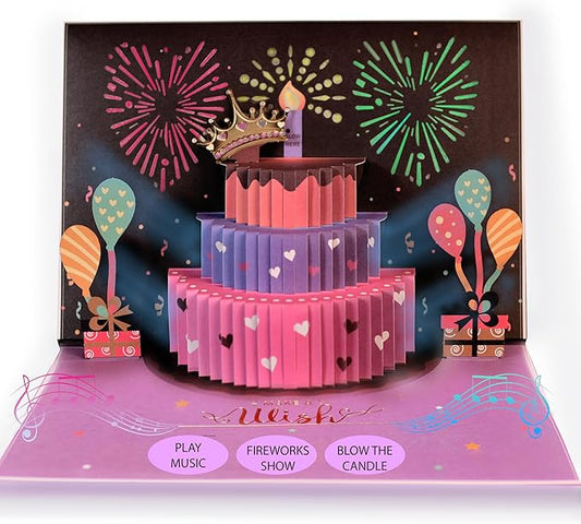 3D Pop-Up Happy Birthday Cards for Women – LED Fireworks & Music with Blow The Candle, Gold Crown, 3D Balloons, Purple & Pink Design - Happy Birthday Card for Mom, Wife or Daugther (8.27" x 5.27")