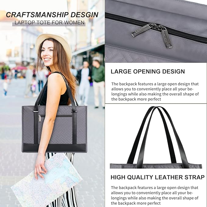 EMPSIGN Laptop Tote bag for women 16 Inch, Stylish Computer Shoulder Tote Bag for Work, Large Capacity Quilted Laptop Briefcase, Waterproof Women Business Office Bag, Quilted Grey