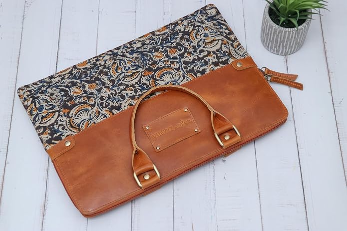 Handcrafted Laptop Bag/Sleeve/Case for Women | Made From Leather With Handblock Fabric - Ideal For 13 Inch Devices