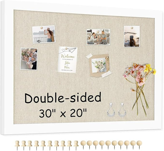 Double-Sided Large Cork Board with Linen, 30" x 20" Hanging Wood Framed Bulletin Board, Picture Display Vision Board Corkboards for Wall Room School Office Decor, 20 Pushpins,1pack
