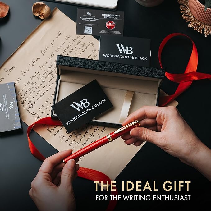 Wordsworth & Black Fountain Pen Set, Bent Nib, Includes 24 Pack Ink Cartridges, Ink Refill Converter & Gift Box, Calligraphy, [Crimson Red], Perfect for Men & Women