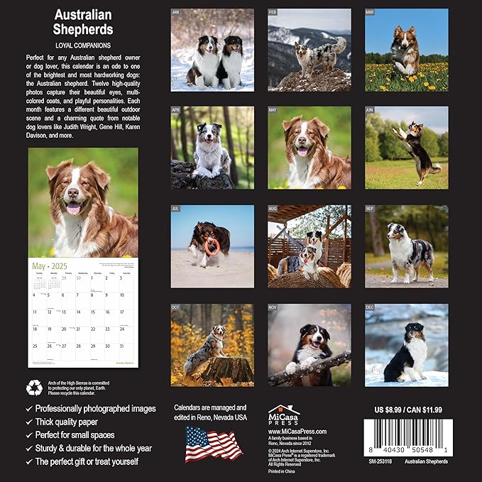 MICASA Australian Shepherds Mini 2025 Wall Calendar 12 Month | 7" x 14" Open | Thick & Sturdy Paper | Giftable | Calendar 2025