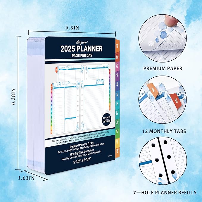 2025 Planner Refills - JAN - DEC 2025 Planner, Two Pages Per Day Daily ＆ Monthly Planner, 5.5" x 8.4", Ring-Bound Organizer, Daily Tracker & Schedule, Colorful Tabs
