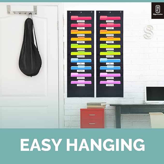 Hippo Creation Storage Pocket Chart for Classroom, 10 Pocket Storage Organizer with 6 Over-Door Hangers, Hanging Wall Organizer for File Folders, School Mailbox, Home Office Papers - Black, 2 Pack
