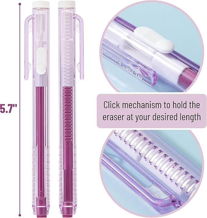 Mr. Pen- Retractable Mechanical Eraser Pen, Pack of 6, Vintage Color Erasers, Clear Barrel Pencil Eraser, Eraser for Pencils, Retractable Eraser Pen, Eraser for Artists, Eraser for Pens