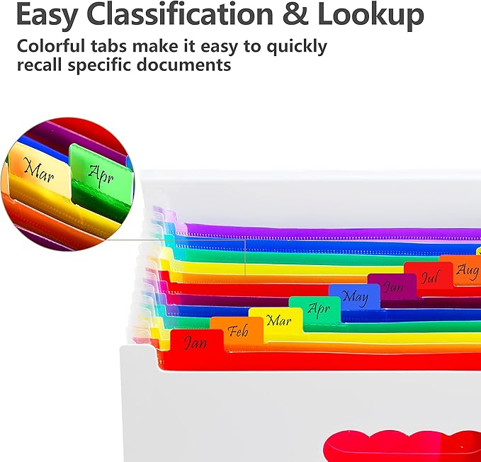 Sooez Accordion File Organizer, 12 Pockets Expanding File Folder, Portable Monthly Paper Bill Tax Receipt Organizer, Letter A4 Size Document Holder with Blank Labels, White