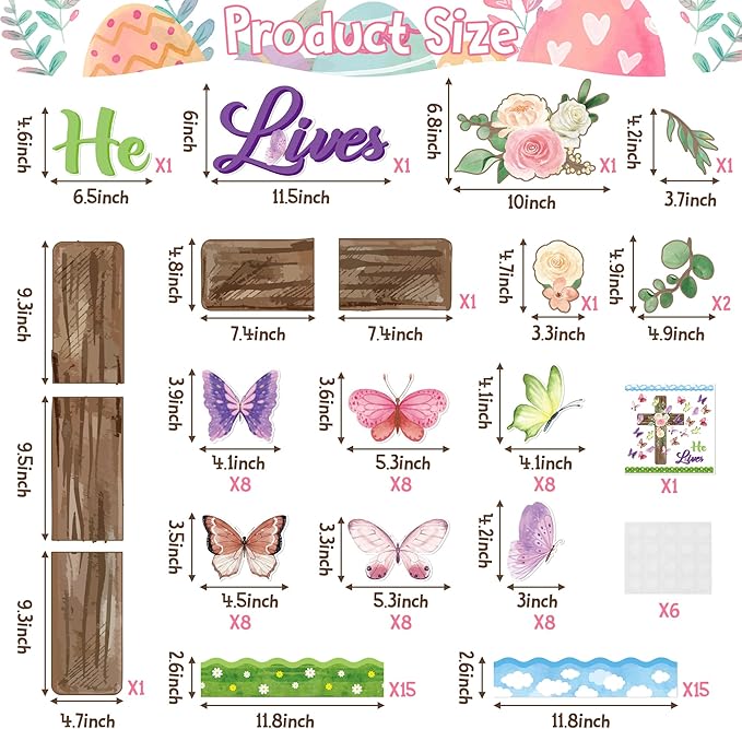 B1ykin 90Pcs Spring He Lives Floral Cross Bulletin Board Decoration Set, Watercolor Butterfly Name Tags Cutouts, Spring Christian Bible Jesus Resurrection Bulletin Boarders for Sunday School Classroom
