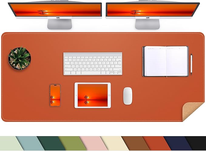 AFIING Leather Desk pad Protector, Large Desk mat with Natural Cork & PU Leather,Mouse pad,Non-Slip Office Desk Mat,Waterproof Desk Writing Pad for Office and Home (47in*23in, Orange)