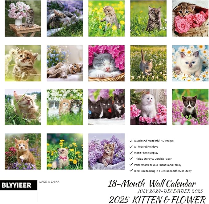 2025 Wall Calendar,Calendar 2025,Kittens Monthly Wall Calendar, 12" x 24" Open,Family Planner Calendar Jul.2024 - Dec.2025 Organizer with Cute kitten & flower Images, for Kitty Cat Lovers