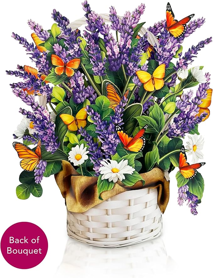 Freshcut Paper Pop Up Cards, Lavender & Butterflies, 12 Inch Life Sized Forever Flower Bouquet 3D Popup Greeting Card, Birthday & Thank You Card, Blank Notecard & Envelope
