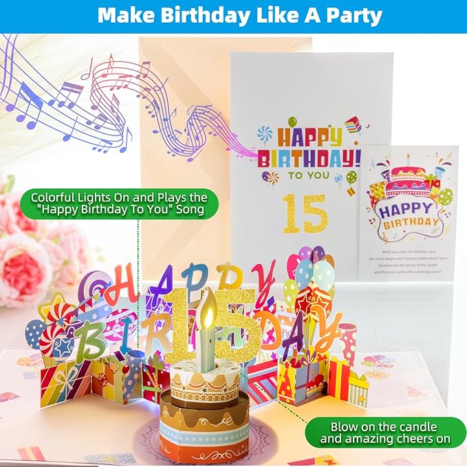 Gumry 15TH Musical Birthday PopUp Card, Blowable Colorful Light Candle 3D Cards with Song, Applause Cheers Sound, Greeting Cards Birthday Gifts Decorations for Girls Boys Turning 15 Years Old