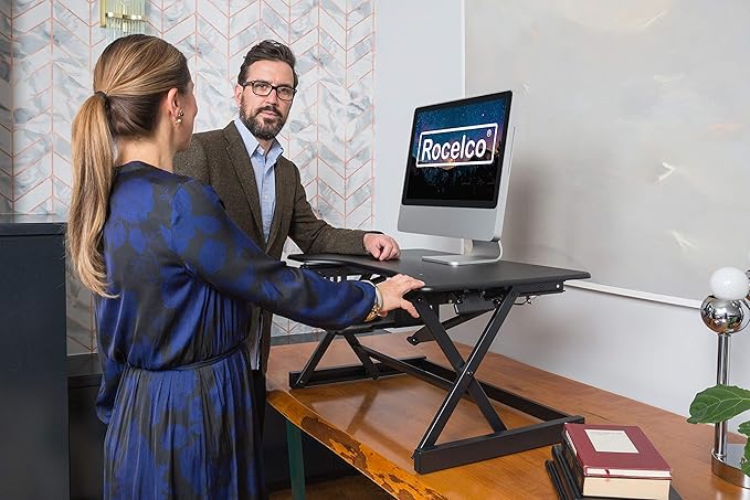 Rocelco 40" Large Height Adjustable Standing Desk Converter - Quick Sit Stand Up Dual Monitor Riser - Gas Spring Assist Computer Workstation - Retractable Keyboard Tray - Black (R DADRB-40)