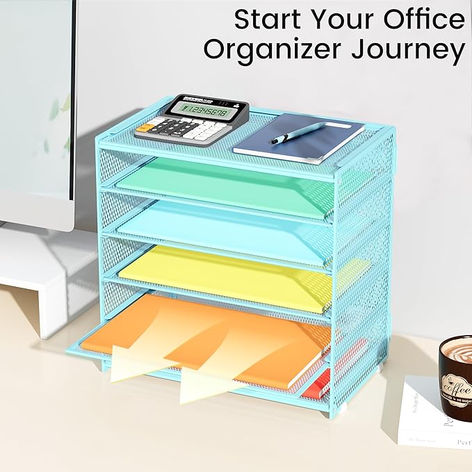 6 Tier Paper Organizer, Metal Mesh Desk File Organizer, Letter Tray Organizer, Paper Sorter Desk Organizer for Office, Home or School File Folder Holder - Blue