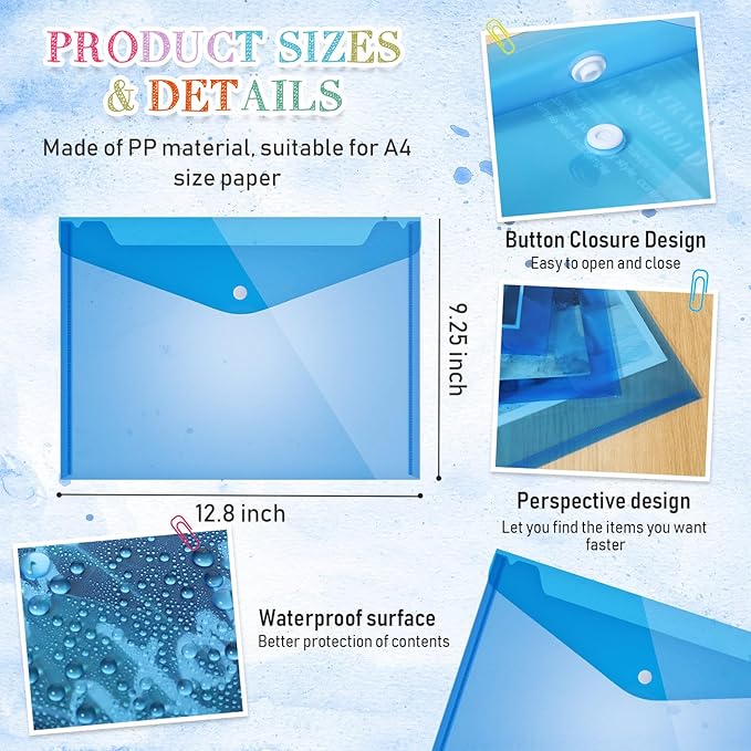 Zhehao 100 Pcs Clear Envelopes with Snap Button Closure A4 Letter Size Plastic Envelope Folder Poly Document File Folders for Home Office(Blue,Simple Style)