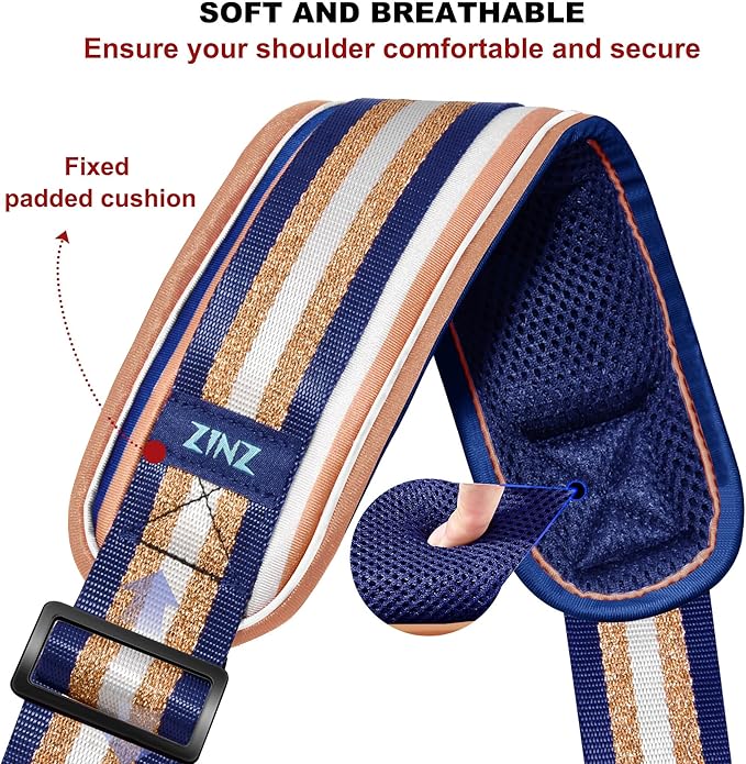 ZINZ 75" Shoulder Strap with Fixed Pad and Dual Balanced Buckles，Blue Gold Jacquard
