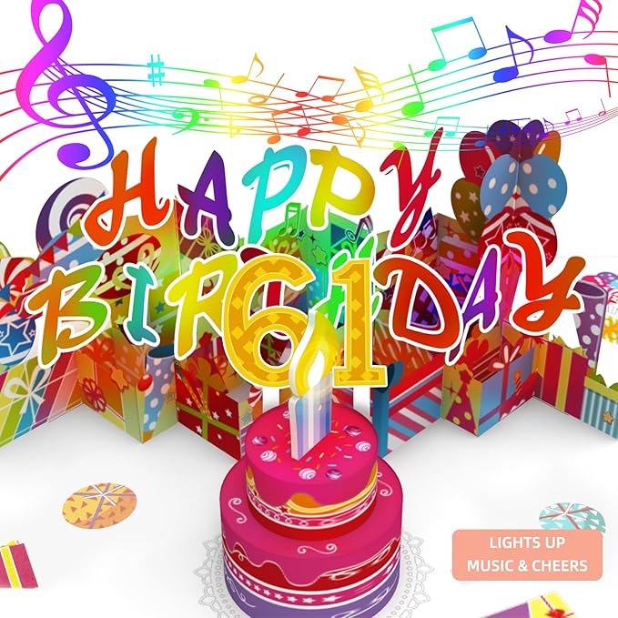 Gumry 61ST Musical Birthday PopUp Card, Blowable Colorful Light Candle 3D Cards with Song, Applause Cheers Sound, Greeting Cards Birthday Gifts Decorations for Women Men Turning 61 Years Old