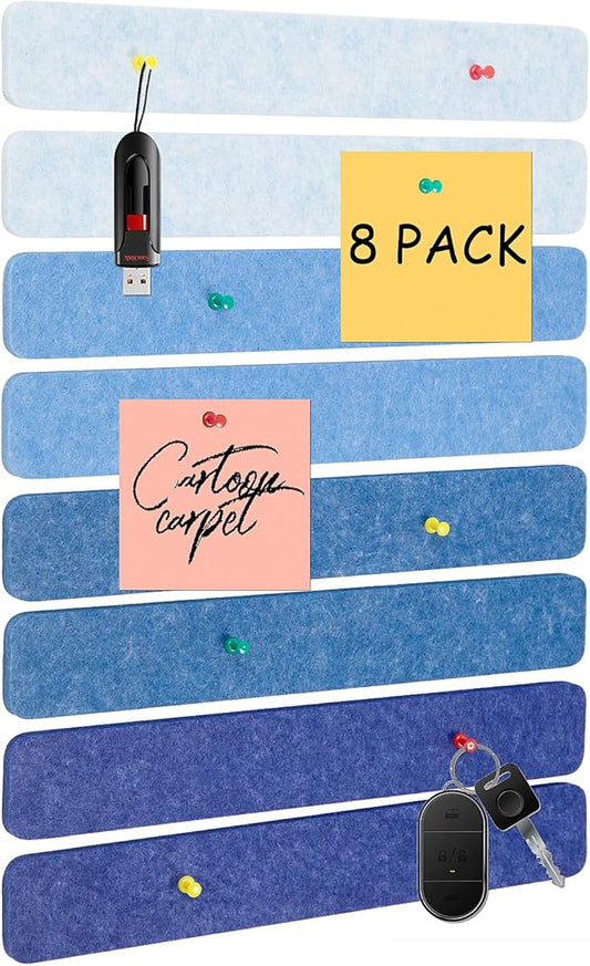 8 Pcs Felt Pin Board Bar Strips Bulletin Board for Bedrooms Offices Home Wall Decoration, Notice Board Self Adhesive Cork Board with 50 Push Pins for Paste Notes, Photos, Schedules (Multi-Blue)