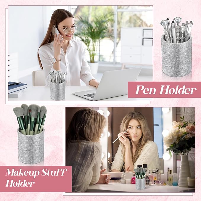 Sabary 8 Pcs Ballpoint Pens with Pen Holder for Desk Glitter Crystal Diamond Fancy Pencil Holder Bling Desk Organizer Cute Stationery Supplies for Women Girls Wedding Office School Gifts(Silver)