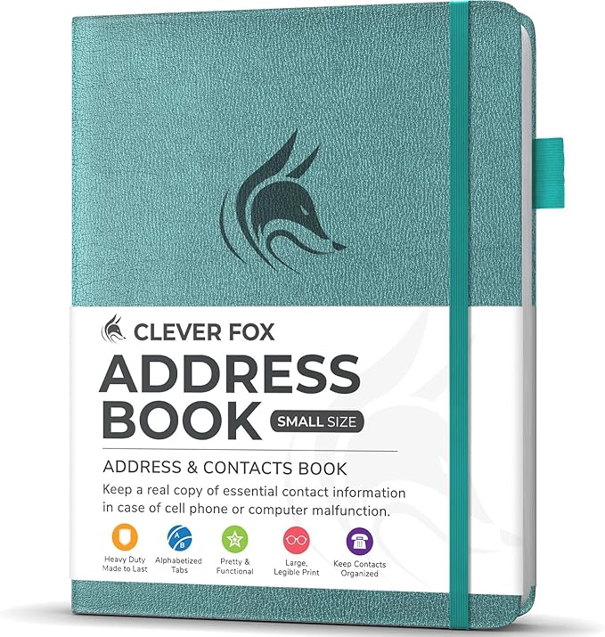Clever Fox Address Book with alphabetic tabs - PU Leather Telephone and Address Book for Keeping Contacts Safe, Contact Organizer Journal, Small Size (4.0″ x 5.5″), Hardcover, Aquamarine