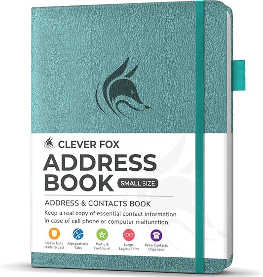 Clever Fox Address Book with alphabetic tabs - PU Leather Telephone and Address Book for Keeping Contacts Safe, Contact Organizer Journal, Small Size (4.0″ x 5.5″), Hardcover, Aquamarine