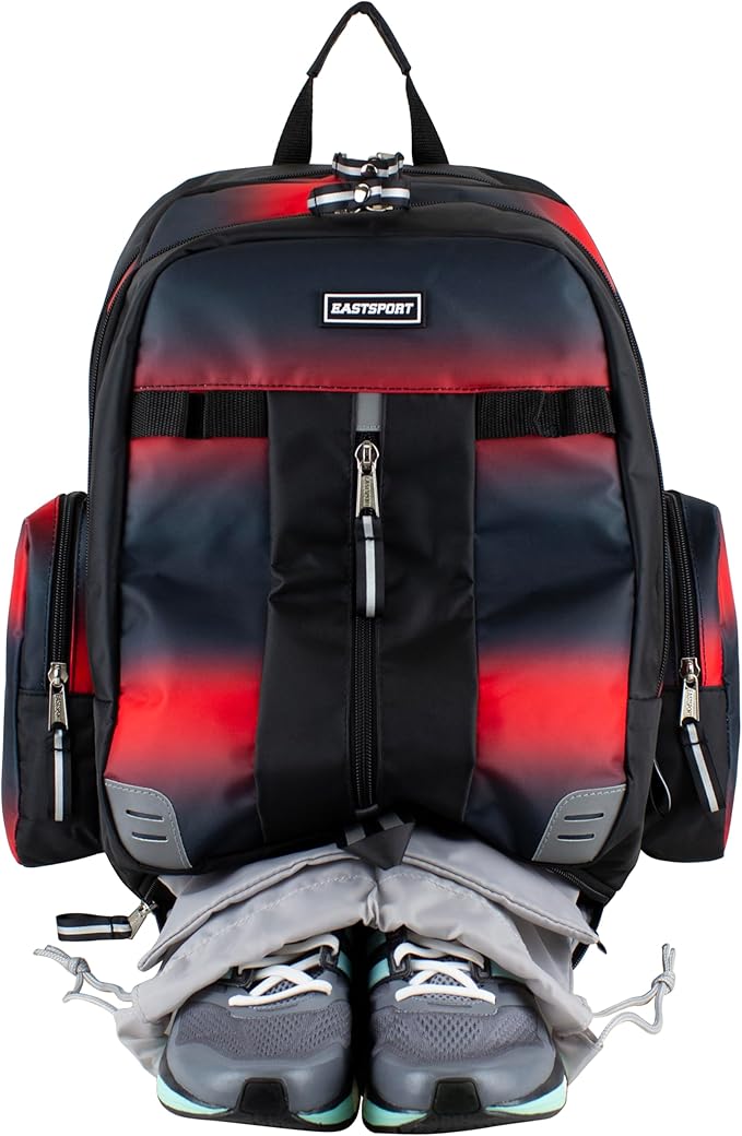 Eastsport Extra Large Backpack Expandable Oversized For Travel Hiking Work Camping Sports Outdoors With Drawstring Bag 18x13.5x9.5 Mochila De Viaje Red Ombre Black
