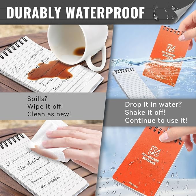 POPYOLA 4 Pack Waterproof Pocket Notebook, 3x5 Pocket Notepad, All Weather Mini Spiral Notepad, Write in the Rain Police Notepad with 100 Squared Pages for Outdoor Home Office School