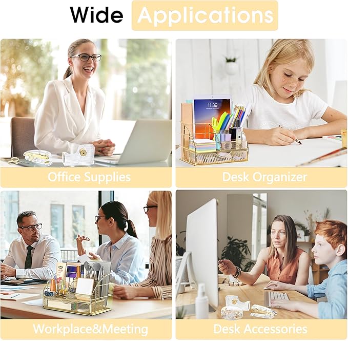 Gold Desk Organizers and Accessories, Gold Office Supplies with Mesh Desk Organizer, Acrylic Tape Dispenser and Stapler, Staples, Ballpoint Pen, Clips Set, Ruler, Scissor, Sticky Labels