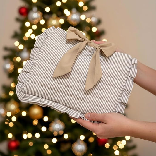 Honoson Quilted Bow Bible Sleeve Book Cover Case Padded Protector Washable Bible Bag Pouch Christian Gift for Women Girls Book Lover Gifts (Khaki Striped)