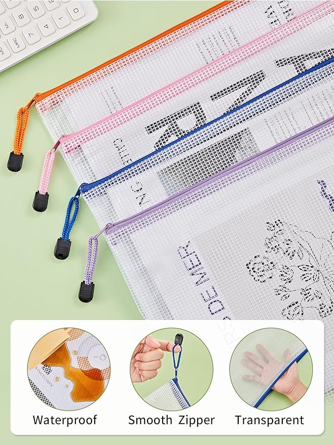 JARLINK 20 Pack 10 Colors Zipper Mesh Document Pouch, Letter Size/A4 Size, Plastic Water-Resistant File Bags, for School Office Supplies Cosmetics Travel Storage, Assorted Color