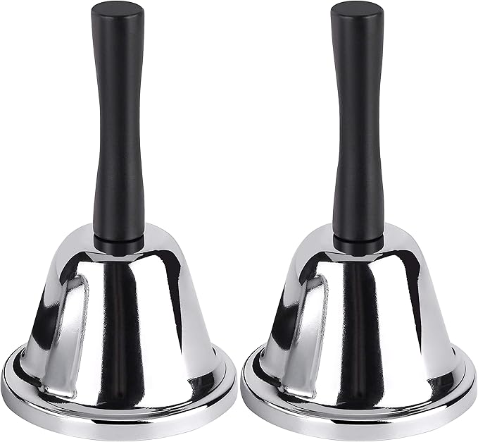 MROCO Loud Hand Bell, 2 Pack Silver Steel Hand Bells for Adults, Dinner Bells for Inside Classroom Bell, for Food Line, Alarm, Jingles, Ringing