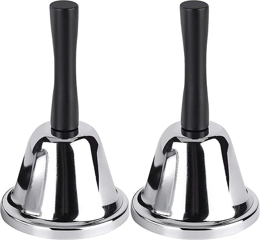 MROCO Loud Hand Bell, 2 Pack Silver Steel Hand Bells for Adults, Dinner Bells for Inside Classroom Bell, for Food Line, Alarm, Jingles, Ringing