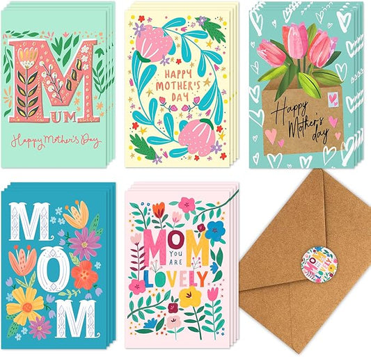 Quera 20 Pcs Happy Mother's Day Greeting Cards Modern Floral Blank Note Cards With Kraft Envelopes Mother'S Day Present Gift Box Assorted Cards For Holiday Party Celebration Flowers Cards-4X6